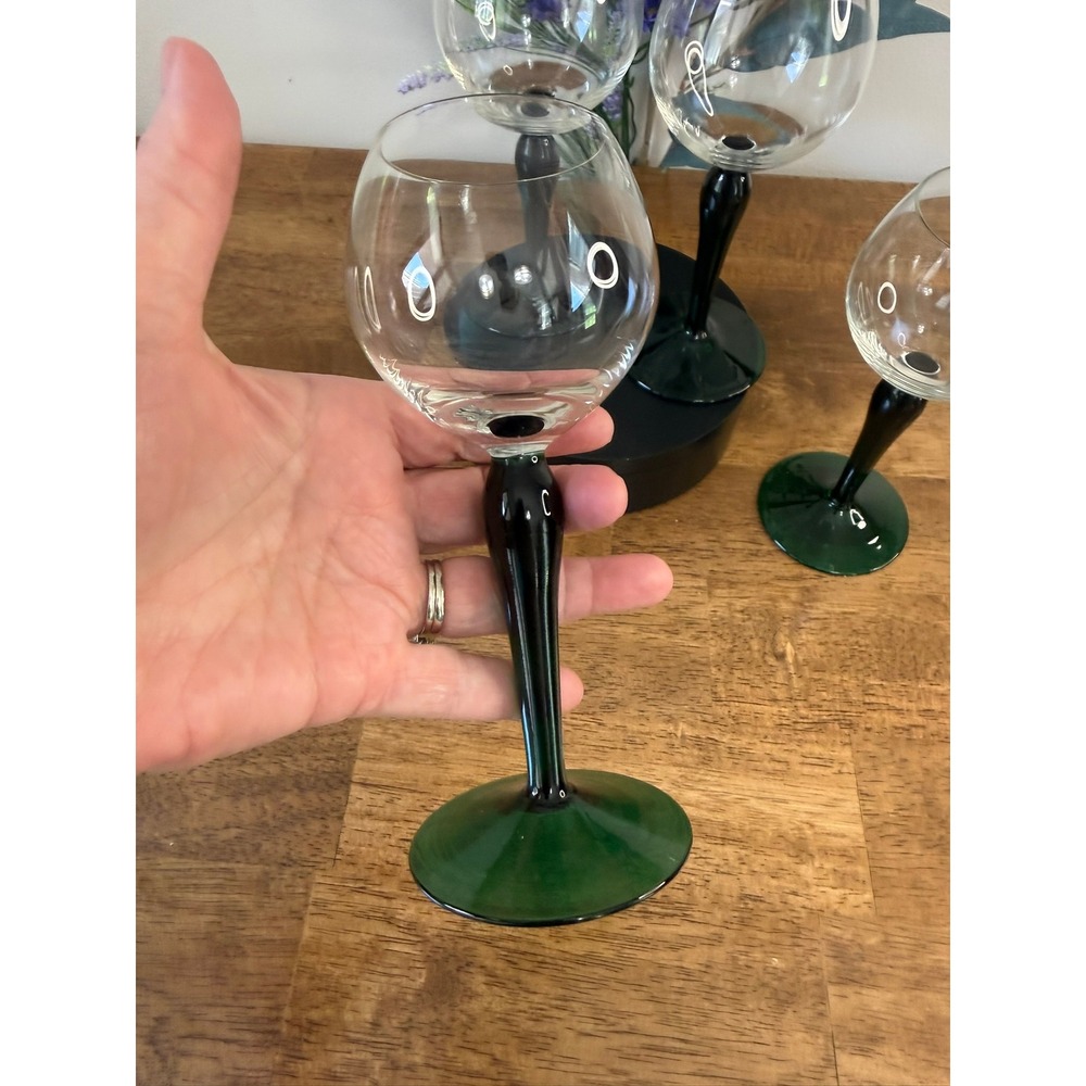 Vintage Emerald Green Wine Glasses Set Mid Century Italian Art Glass Style Bar - Picture 11 of 11